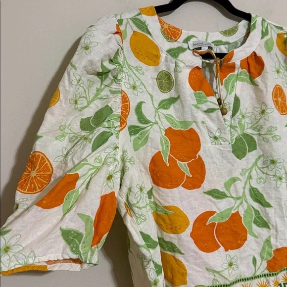 Rachel Zoe Orange Green Citrus Print Blouse top women XL linen casual vacation - Picture 5 of 7
